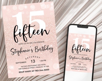 Rose Gold Invitation, Balloons, 15th Birthday Invitation, Editable Birthday Invite