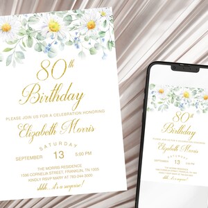 80th Birthday Invitation, Floral Birthday Invitation, Editable, Floral Daisy Women Birthday Invitation