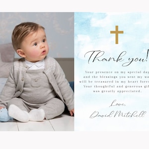 Tarjeta de agradecimiento de bautismo, bautismo azul, bautismo gracias, bautizo, foto de agradecimiento, editable, descargar, plantilla