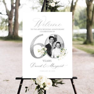 Photo Anniversary Welcome sign, 60th Wedding Anniversary Welcome Sign, Floral 60th Anniversary Decoration Diamond Anniversary Sign, Editable