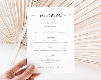 Wedding Menu Template, Elegant Script Wedding Menu Card, Simple Wedding Menu Printable, 5x7 and 4x9, Editable Instant Download