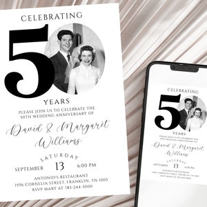 50th Wedding Anniversary Invitation, Golden Anniversary Photo Invitation Template, Editable, with Photo