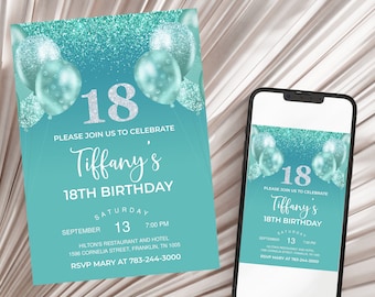 Teal and Silver Holo Glitter 18th Birthday Invitation, Editable Birthday Invite