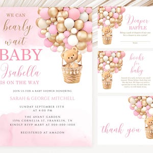 Editable Teddy Bear Hot Air Balloon Baby Shower Invitation Girl Pink Teddy Bear Baby Shower We Can Bearly Wait Shower Instant Download