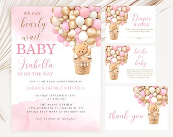 Invitation de baby shower modifiable en montgolfière pour fille Ours en peluche rose baby shower We can Bearly Wait Shower Téléchargement immédiat