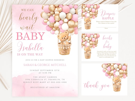 Editable Teddy Bear Hot Air Balloon Baby Shower Invitation Girl Pink Teddy Bear Baby Shower We Can Bearly Wait Shower Instant Download