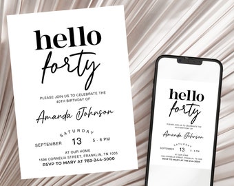 Tarjeta imprimible de invitación minimalista para fiesta de 40 cumpleaños, plantilla editable.