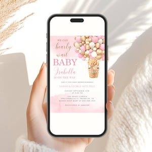 Redigerbar nallebjörn med luftballong, babyshowerinbjudan, flicka, rosa nallebjörn, babyshower, vi kan vänta, dusch, direktnedladdning bild 4