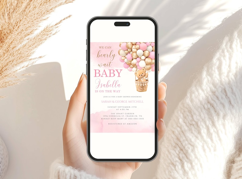 Redigerbar nallebjörn med luftballong, babyshowerinbjudan, flicka, rosa nallebjörn, babyshower, vi kan vänta, dusch, direktnedladdning bild 4