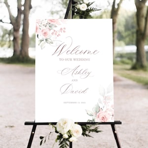 Blush Pink Wedding Welcome Sign, Soft Pink Editable Welcome Poster, Floral Printable Wedding Welcome, Pink Flower Editable Template