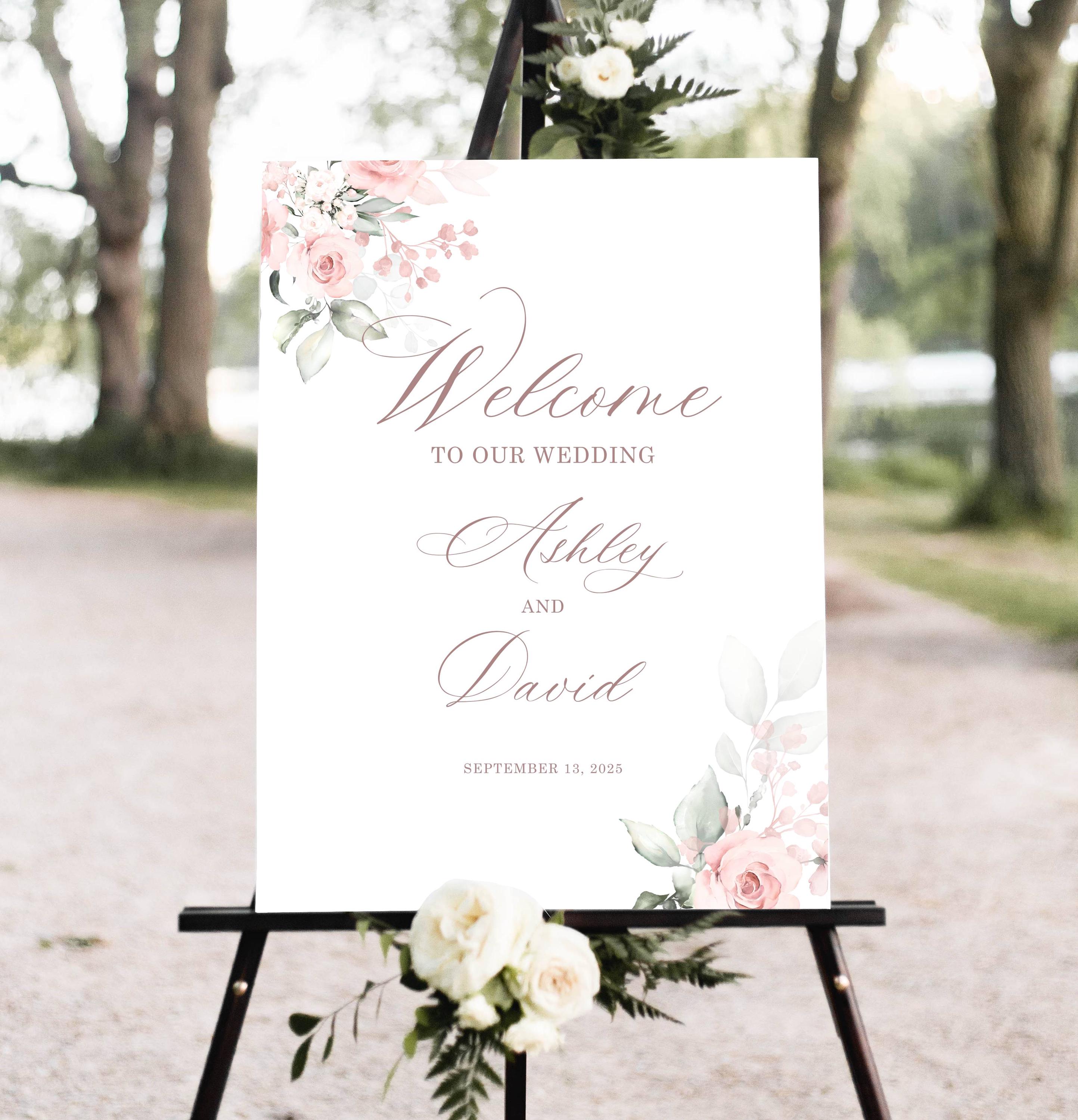 Blush Pink Wedding Welcome Sign, Soft Pink Editable Welcome Poster, Floral Printable Wedding Welcome, Pink Flower Editable Template