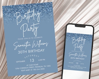 Birthday Invitation Printable Dusty Blue Birthday Party Invite Editable Download Template, Printable Birthday Party Invite