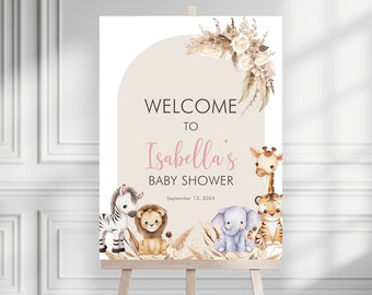 Editable Boho Safari Baby Shower Welcome Sign, Safari Jungle Baby Shower Welcome Poster, Hello Baby Boho Jungle Animals Sign Template