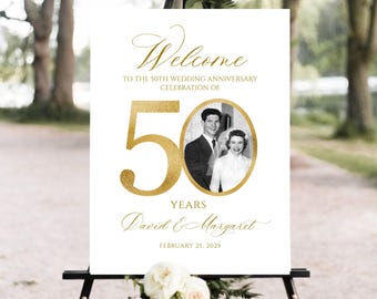 Photo Anniversary Welcome sign, 50th Wedding Anniversary Welcome Sign, 50th Anniversary Decoration, Golden Anniversary Sign, Editable