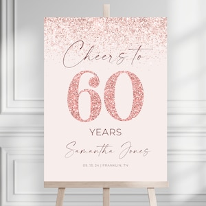 Signo de bienvenida de la fiesta de cumpleaños número 60 de oro rosa, signo editable, plantilla de signo de bienvenida de cumpleaños de oro rosa imprimible, Hola sesenta saludos