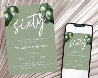 60th Birthday Invitation Sixty Printable Sage Green Birthday Party Invite Editable Download Template