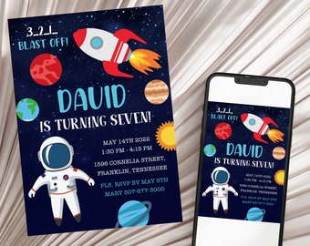 Outer Space Birthday Invitation Template, Planets Rocket Ship Astronaut Invite, Galaxy Blast Off Invitation, Editable Invitation