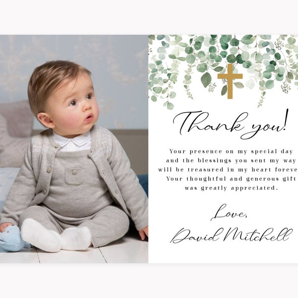 Baptism Thank You Card, Greenery Baptism, Eucalyptus, Baptism Thank You, Christening, Thank You Photo, Editable, Download, Template