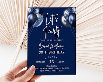 Editable Navy Blue Balloons Birthday Invitation, Printable Birthday Party Invite, Let's Party, Editable Template, Instant Download