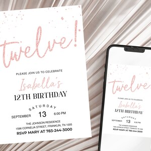 Rose Gold Glitter 12th Birthday Invitation, Editable Birthday Girl Invite Birthday Party