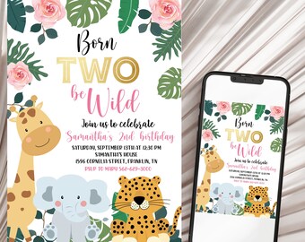 Editable Born Two Be Wild Birthday Invitation Girl Animals Jungle Safari Pink Gold 2nd Birthday Download Printable Template Corjl