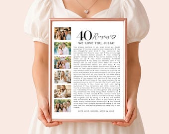 40 Reasons We Love You Poster Template, Photo Collage Gift Printable, Corjl Editable 40th Birthday gift