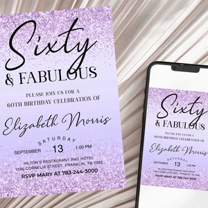 60th Birthday Invitation Printable Purple Sixty and Fabulous Dinner Party Invite for Ladies Editable Digital Download