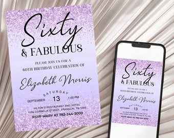 60th Birthday Invitation Printable Purple Sixty and Fabulous