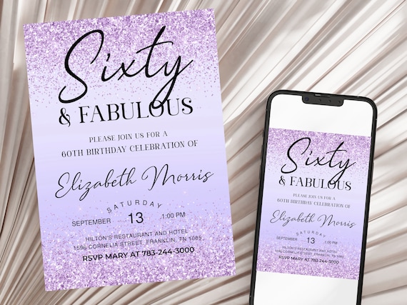 60th Birthday Invitation Printable Purple Sixty and Fabulous