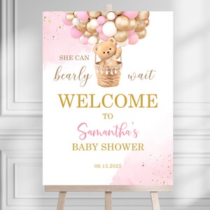Panneau de bienvenue modifiable pour baby shower, ours en or rose, affiche de bienvenue en forme d'ours, signe d'ours en or rose