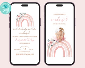 May include: A pink and white watercolor rainbow with flowers on a white background. The text "Elizabeth May's onederful Birthday Celebration" is at the top of the image. The text "isn't she lovely. isn't she onederful" is below the rainbow. The text "Join us for a 'one'derful birthday celebration" is below the text. The text "Elizabeth May is turning one" is below the text. The text "Saturday, September 13, 1:00 PM" is below the text. The text "The Morris Residence, 1596 Cornelia Street, Franklin, TN 37064" is below the text. The text "RSVP Mary at 783-244-3000" is below the text.