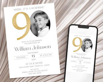 Überraschung 90er Geburtstagseinladungsvorlage, Look Who's 90, Foto 90er Geburtstag einladen, bearbeitbare Vorlage, Überraschung 90er Geburtstag einladen
