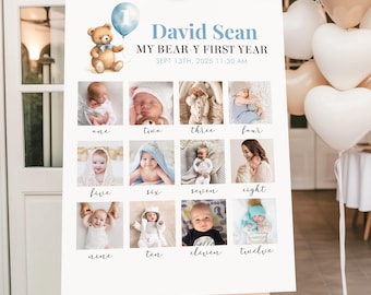May include: A white milestone birthday sign featuring a watercolour teddy bear with a blue balloon, the name David Sean, and the text MY BEAR-Y FIRST YEAR SEPT 13TH, 2025 11:30 AM. It displays twelve square photos of a baby labelled one through twelve.