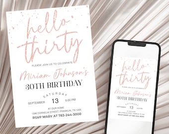 Rose Gold Glitter Invitation, 30th Hello Thirty Birthday Invitation, Editable Birthday Invite Birthday Party
