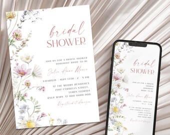 Invitación de despedida de soltera con flores silvestres, invitación de despedida de soltera con flores de amor, plantilla de invitación para despedida de soltera, invitación de novia imprimible