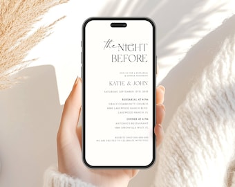 Plantilla de invitación a cena de ensayo electrónica, invitación minimalista a cena de ensayo digital, invitación para la noche anterior a la boda, editable