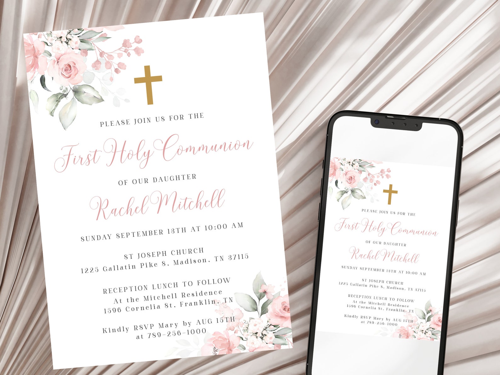 Blush Pink First Holy Communion Invitation Template Pink Floral ...