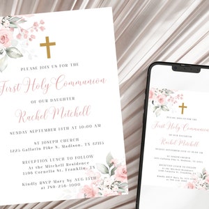 Plantilla de invitación de primera comunión rosa, invitación de comunión rosa con acuarela, invitación de comunión para niña, invitación de primera comunión editable