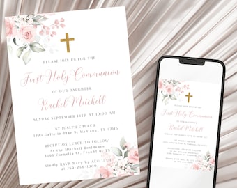 Pink First Holy Communion Invitation Template, Pink Watercolor Communion Invite, Girl Communion Invite, Editable First Communion Invitation