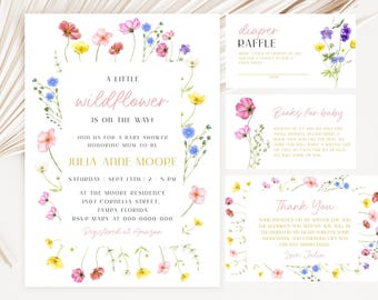 Editable Wildflower Baby Shower Invitation Bundle, Floral Boho Baby Shower Invitation Set, A Little Wildflower Baby Shower Invite