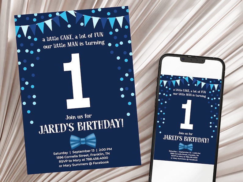 Editable First Birthday Invitation Boy One Navy Blue Confetti Boy 1st