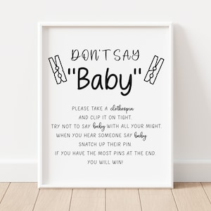 Don&#39;t Say Baby Clothespin Shower Game Table Sign, Boy Girl Neutral Printable Instant Download