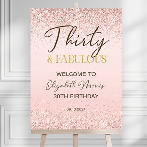 30歳の誕生日のウェルカムサイン、印刷可能、ローズゴールド、女性向けの30歳の素敵なディナーパーティー招待状、編集可能、デジタルダウンロード