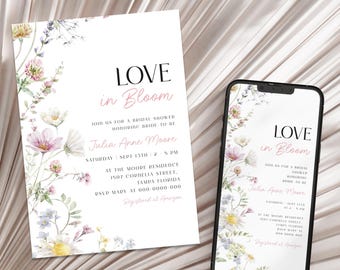 Wildflower Love in Bloom Invito per la festa nuziale, Invito floreale per la festa nuziale, Modello per invito per la festa nuziale, Invito nuziale stampabile
