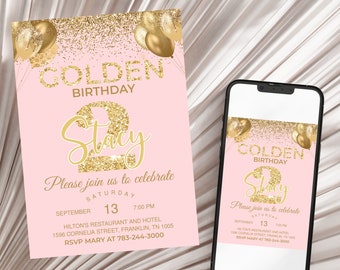 Golden Birthday invitation Pink Gold glitter birthday invitation Golden birthday invite for girl 2nd birthday invitation