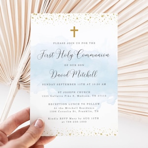 Invitación azul para Primera Comunión (DESCARGA INSTANTÁNEA) Editable, imprimible, para bautizo, dedicación, comunión de niño