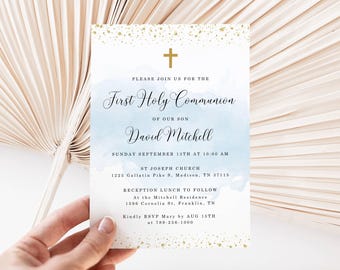 Blue First Holy Communion Invitation INSTANT DOWNLOAD Editable, Printable, Baptism, Christening, Dedication