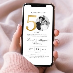 50th Wedding Anniversary Invitation, Golden Anniversary Photo Invitation Template, Editable, with Photo image 1