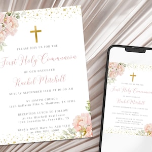 Blush Rosa Erste Heilige Kommunion Einladungsvorlage Rosa Blumen Kommunion einladen, Mädchen Kommunion einladen, bearbeitbare erste Kommunion Einladung