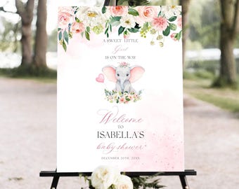 Editable Elephant Baby Shower Welcome Sign Balloon, Baby Shower Welcome Sign, Pink Floral, Peanut elephant welcome sign, Girl baby shower